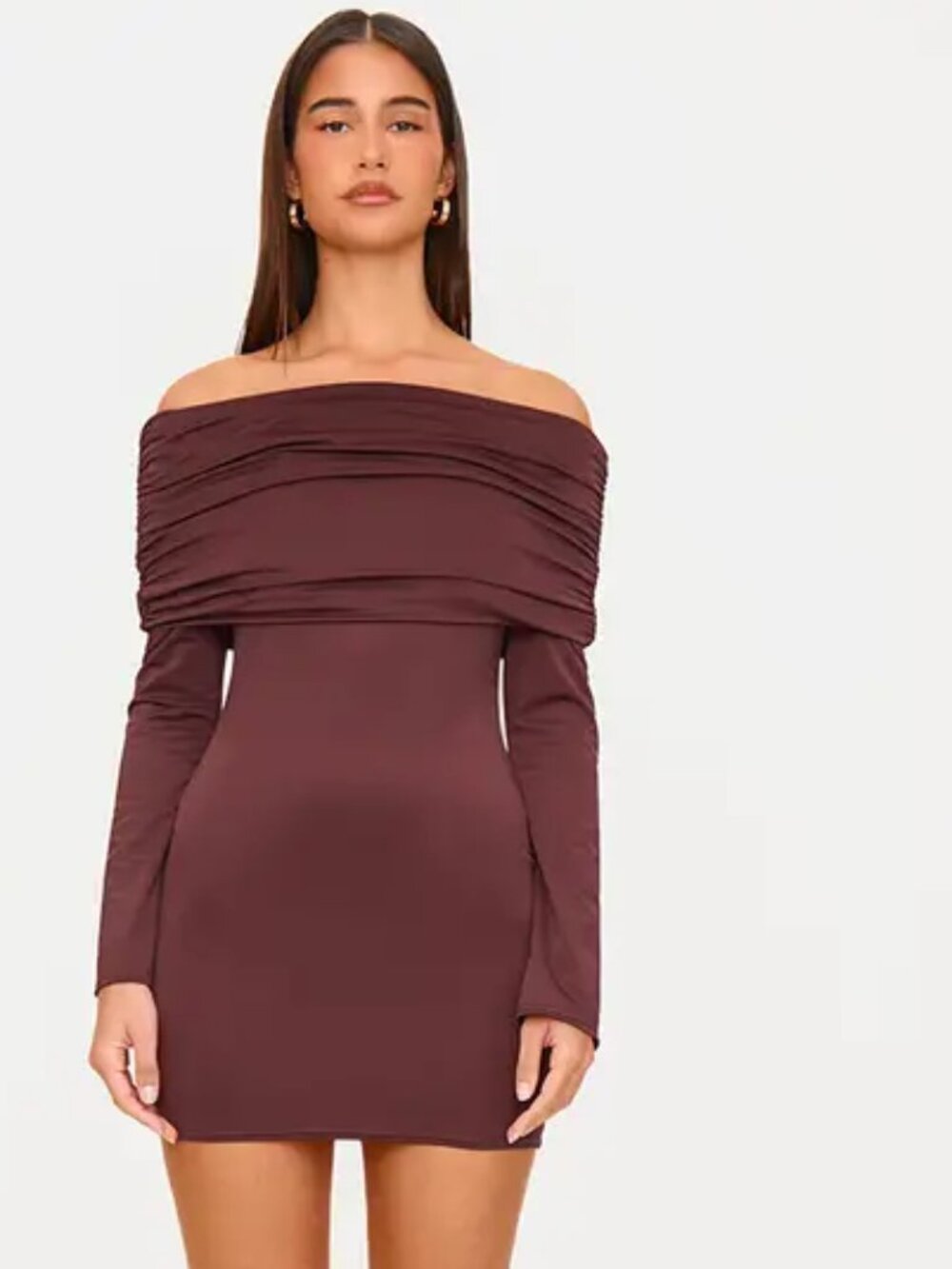 PLT Chocolate Matte Sculpt Double Layer Foldover Bardot Long Sleeve Mini Dress